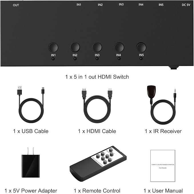 4K@60Hz 5 in 1 Out HDMI Switch, 5 Port HDMI Switcher Selector Support HDR10 & HDCP 2.2 & Full 3D with IR Remote Control and ON/Off Switch for Nintendo Switch,Xbox PS5/PS4,Fire Stick,Roku,Apple TV