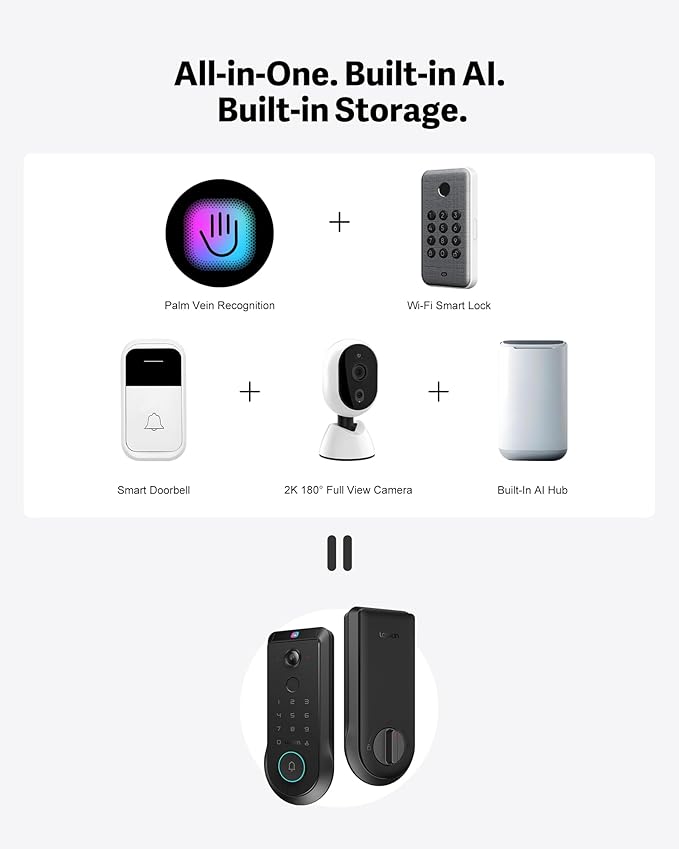 Lockin Veno Pro Smart Deadbolt Lock with Dual Swappable Batteries for 6-Month Extended Power, Palm Vein & Fingerprint Keyless Entry, Built-in Wi-Fi, Doorbell, App Remote Control, IP65 Waterproof