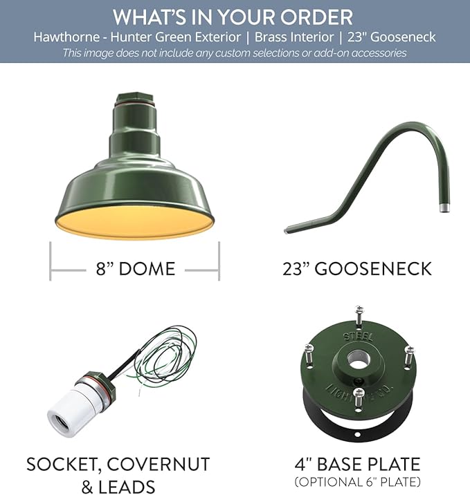 Steel Lighting Co. Hawthorne Barn Light | Outdoor Wall Mounted | 8 inch Dome | 23" Gooseneck | Small Farmhouse Light Made in America | Hunter Green Exterior/Brass Interior