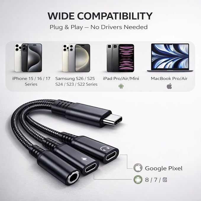 Mizi USB-C Headphone and Charging Adapter 3-in-1 – Type-C to 3.5mm Audio Jack + USB-C PD Charging + Type-C Audio Splitter, Compatible with iPhone, iPad, Samsung Galaxy, Pixel, and More – Black