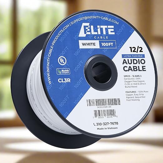 Elite 12/2 Speaker Wire 100ft, UL Listed, CMR/CL3R, (Riser/in-Wall & Outdoor/In-Ground (Direct Burial)- 100% Oxygen Free Pure Bare Copper (OFC), 12AWG/2-Conductor, 100ft Bulk Cable (65 Strands) White