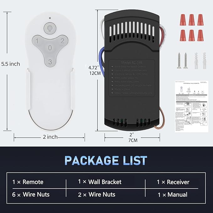 KUJCE10311/ KUJCE10712 Ceiling Fan Remote Control Kit for Harbor Breeze Hampton Bay Hunter, 3-Speed Light Dimmer, Replacement TR214A, TR214B, 2BB78-ITL-F304C, A25-FA0138, KUJCE10610, 2AQZU-18018