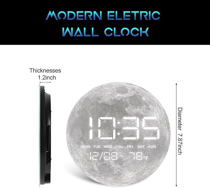 HOMLOVE Digital Desk Clock with Large LED Display, Moon Modern Date Temperature Clock [TYPC-in] for Shelf, Table, Mantel or Bedside, (Moon, 7.87 INCH)