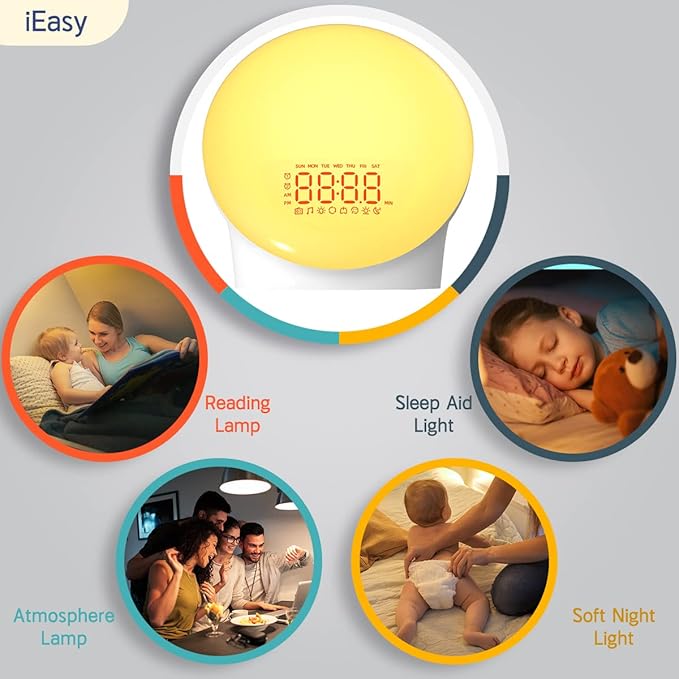 iEasy Wake up Light Sunrise Alarm Clock for Everyone, Sunrise Sunset Simulation, Sleep Aid, Dual Alarms, FM Radio, Snooze, Nightlight13 Colors 23 Sleep Sounds 28 Built-in Alarm Tone 32 Volumes Gift