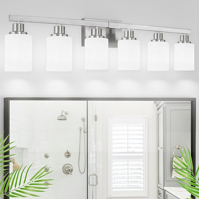 DIKAIDA 38" Bathroom Vanity Light, 6-Light Nickel Vanity Lights for Bathroom, Wall Sconce Lighting with Milky White Glass Shade, Wall Lights,Bath Vintage Wall Mounted Lamps for Mirror Bedroom