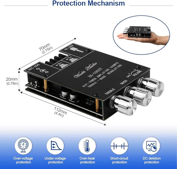 ZK-1002T Bluetooth Amplifier Board 2.0CH 100W*2 Mini Audio AMP with Treble and Bass Control, BT and AUX Inputs, DC 9-24V Stereo AMP Module for Home Speakers, Update Version APP Control