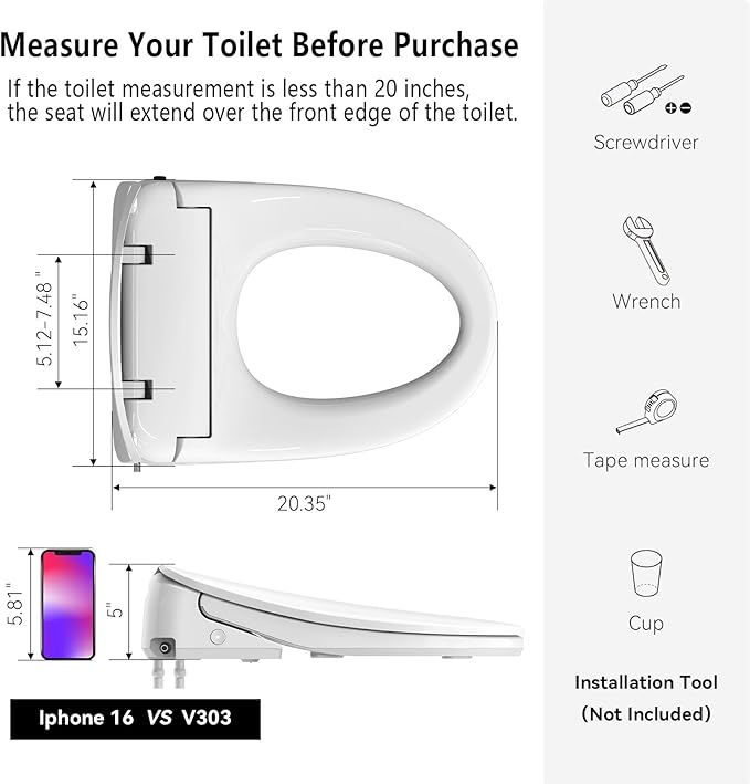 R&T V303 Auto-Open Smart Bidet Toilet Seat, Elongated Electric Bidets with Warm Water, Air Dryer, Adjustable Heated Seat, Nightlight, Bidet Attachment for Toilet