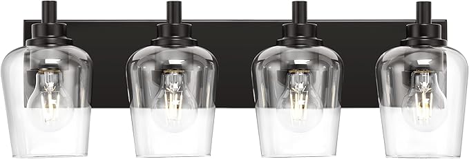 METWET Bathroom Light Fixtures, 4-Light Modern Vanity Light with Clear Glass Wine Glass-Shaped Shade, Vanity Lighting Fixtures Over Mirror, Matte Black, VL155-MB-4