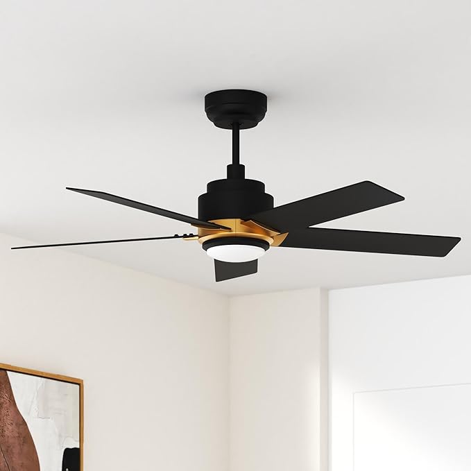 SMAAIR Smart Ceiling Fans with Lights and Remote, 52 Inch Low Profile Ceiling Fan with Dimmable LED Light, 10-Speed Reversible DC Motor Works with APP/Alexa/Google Assistant/Siri Control(Black/Gold)
