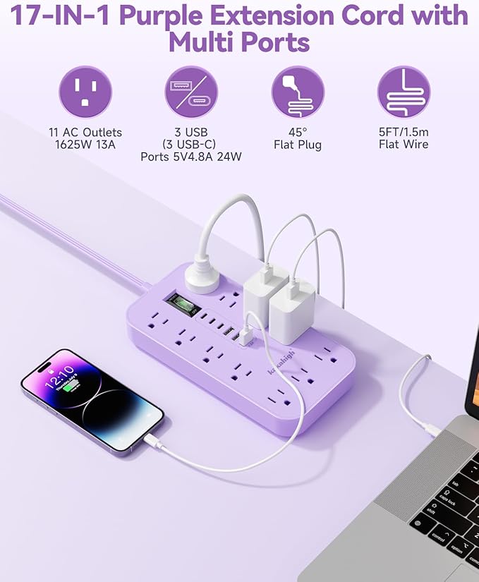 Purple Extension Cord with Multiple Outlets- 5 FT Lavender Power Strip, Girls Extension Cord with 11 AC Outlet 6 USB (24W/4.8A), Charging Station for Purple Women Lavender Desk Decor Essentials Gifts