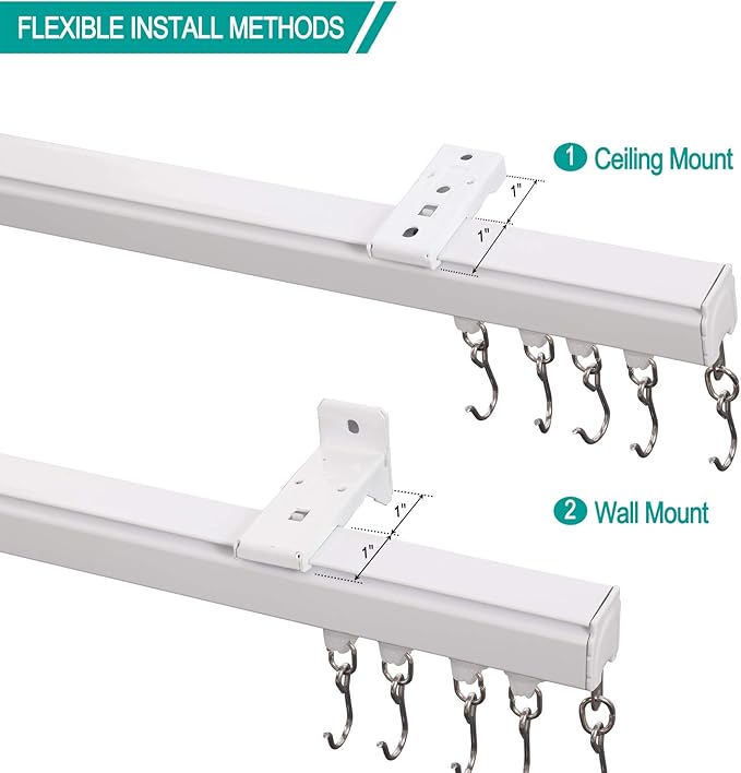 ChadMade Ceiling or Wall Mount Curtain Track Kit with Hooks, 3ft - 6ft Adjustable Length Drape Rail Set For Living Room Bedroom, Single Window Rods Work with Grommet and Pinch Pleated Curtain