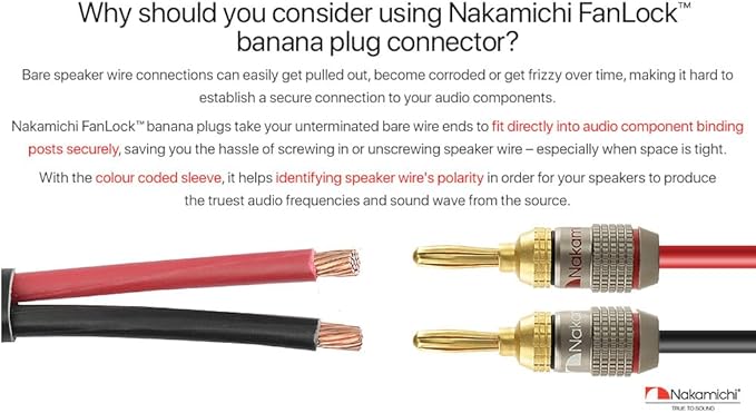 Nakamichi FanLock Excel Series 24k Gold Plated Banana Plugs 10 AWG - 18 AWG Gauge Size 4mm for Speakers Amplifier Hi-Fi Stereo Home Theatre Radio Audio Wire Cable Quick Connector, 4 Pcs (2-Pairs)