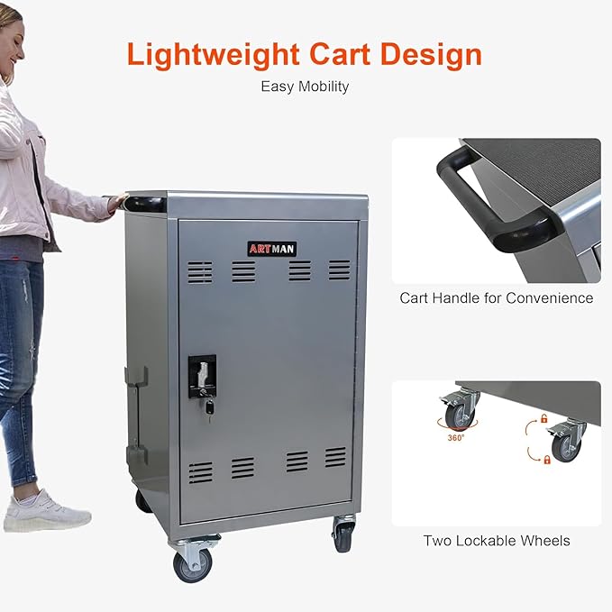 Aokleo 32 Devices Laptop Charging Cart, Tablet Storage Carts for Pad Up to 16.3" Screen Size, Classroom Computer Mobile Charging Station for Pads,Chromebooks,Laptops,Security Storage (Silver)
