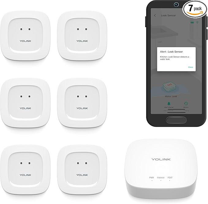 YoLink Water Leak Starter Kit: Hub + 6 Leak Sensor 1 (Silent), LoRa Long-Range, App/SMS/Email Alerts, D2D Offline Triggers, 2 AAA Up to 5-Year Battery, Compatible with Alexa/IFTTT/Home Assistant
