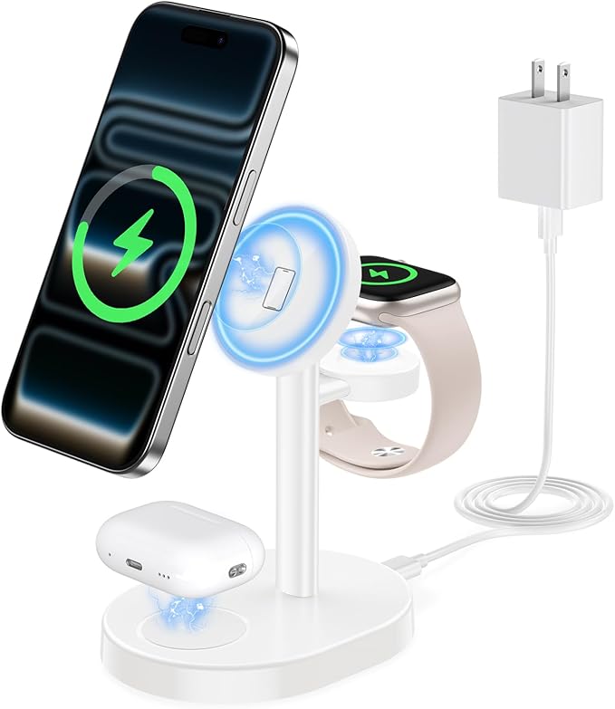 Hevanto 2026 3 in 1 Wireless Charging Station for Apple MagSafe Charger, 15W Fast Mag-Safe Charger Stand for iPhone 17 16 15 14 13 12 Apple Watch AirPods Compatible with MagSafe, White