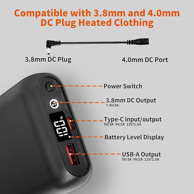 Heated Vest Battery Pack, 16000mAh 7.4V Compact Power Bank Repaclement for Heated Jacket Heated Hoodie Heated Pants Heated Chair Heated Outdoor Gear