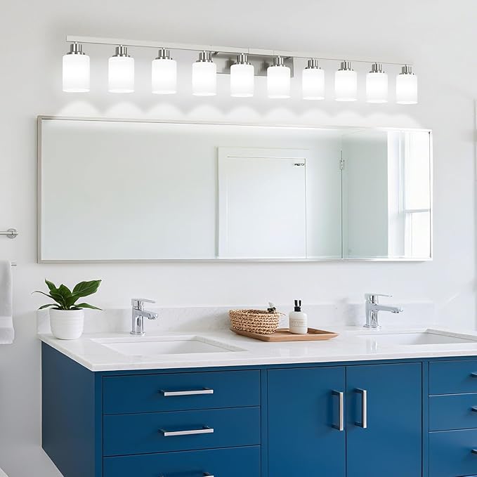 DIKAIDA 10-Light Bathroom Vanity Light Brushed Nickel,64.5in Vanity Lights with White Frosted Glass,Modern Bathroom Wall Lights Fixtures Over Mirror,Wall Sconces Lighting for Bedroom Living Room,E26