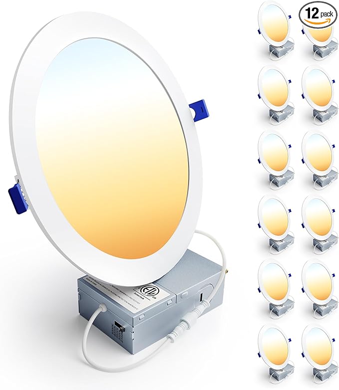 Ensenior 12 Pack 8 Inch LED Recessed Ceiling Light, Dimmable, 2700K-5000K 5CCT, 1600LM 18W 120V, High Brightness Canless Wafer Downlight - ETL&FCC&IC