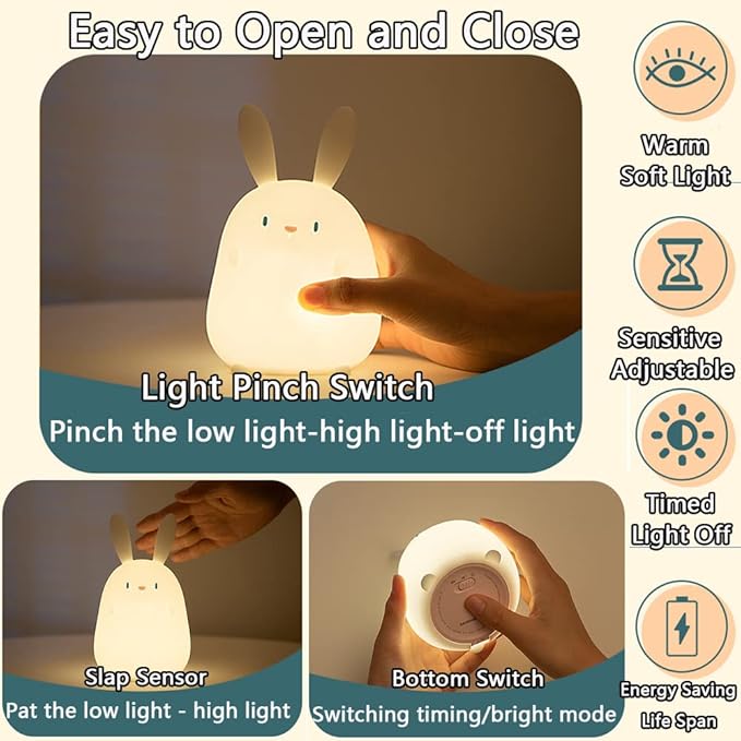 LEDHOLYT LED Cute Rabbit Night Light, Cute Silicone Bunny Lamp and Animal NightLight,LED Squishy Animal Light for Sleep,Kawaii Bedside Lamp Room,Rechargeable Bedside Touch Silicone Lamp (Rabbit)