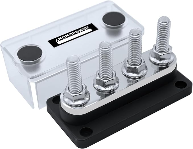 AMOMD 300A Bus Bars 4 Terminal Studs (3/8 inch) M10 Nickel Plated Copper Distribution Block Negative Electrical Buss Bars 12-48 V DC with Cover for Trailer Marine Boat Car RV (Black)