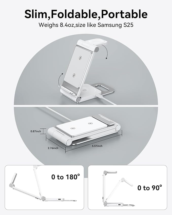 Wireless Charger for Samsung 3 in 1 Wireless Charging Station Foldable Wireless Charger Stand for Galaxy S25 S24 S23 S22 S21 Ultra/Plus Z Flip Z Fold 7 6 5 4 3 for Galaxy Watch/Galaxy Buds