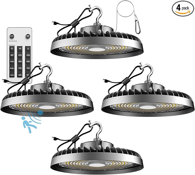 ACOHOOK 250W High Bay LED Shop Lights 37500lm UFO LED Lights AC100-277V UFO High Bay Light with Smart Control Supports Normal Mode & Motion Sensor Mode(Energy Saving)-4Pack