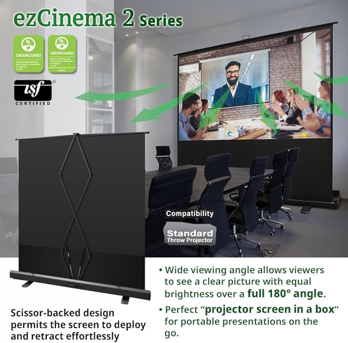 Elite Screens ezCinema 2 Projector Screen, 84-inch 16:9, Manual Floor Pull Up Scissor Backed Portable Home Office Classroom Front Projection + Carrying Bag | US Based Company 2-Year Warranty, F84XWH2