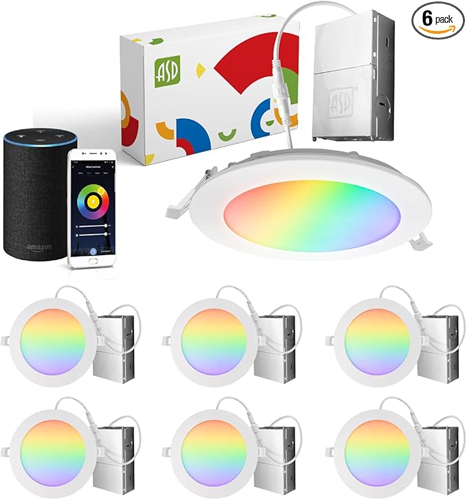 ASD 6 Pack LED Smart Recessed Lighting 6 Inch 15W, RGBW Color Changing Lights, Compatible with Alexa & Google Assistant, Dimmable 2700K-6500K Selectable RGB Lights, WiFi Bluetooth Ceiling Light, ETL