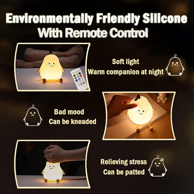 Cute Pear Night Light for Kids, Silicone Fruit Pear Cute Lamp with Remote, Adjustable Brightness NightLight for Bedroom, Rechargeable Soft NightLight for Home Decoration,Valentines Day Gifts for Her