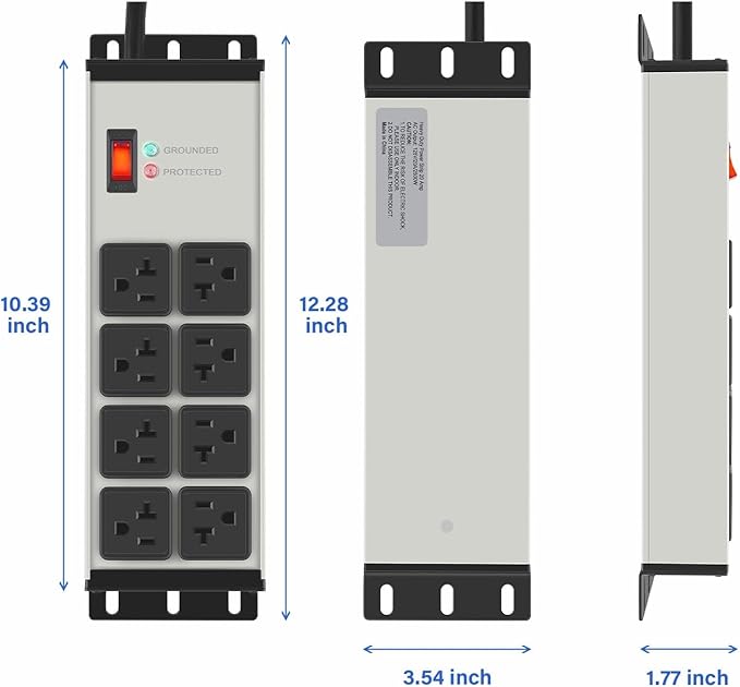 CCCEI Heavy Duty Power Strip Surge Protector 20 AMP, 8 Outlets 12 Gauge Industrial Shop Garage Metal Multiple Outlets, 10 FT Extension Cord 5-15P Adapter High Amp 6-20R T-Slot 20a for Appliance