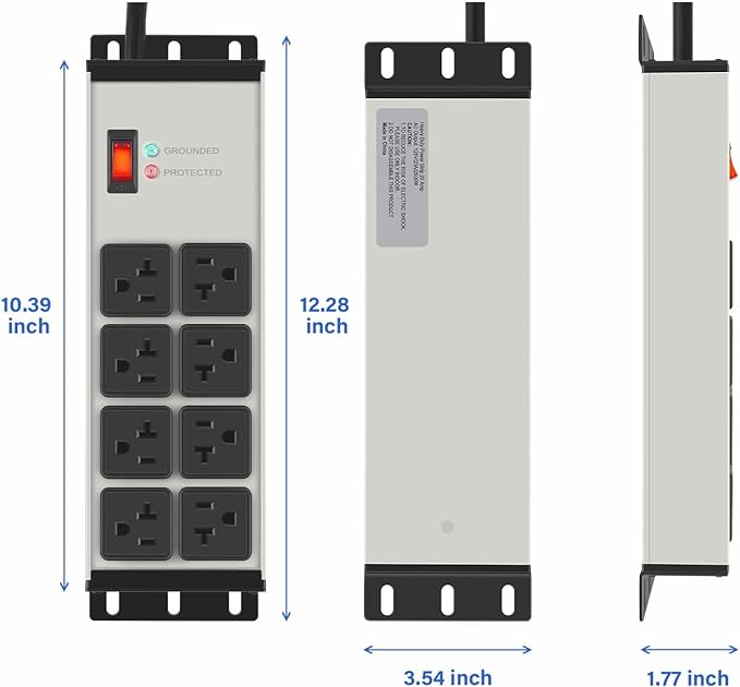 CCCEI Grey Heavy Duty Power Strip Surge Protector 20 AMP, 8 Outlets 12 Gauge Industrial Shop Garage Metal Multiple Outlets, 4 FT Extension Cord 5-15P Adapter High Amp 6-20R T-Slot 20a for Appliance