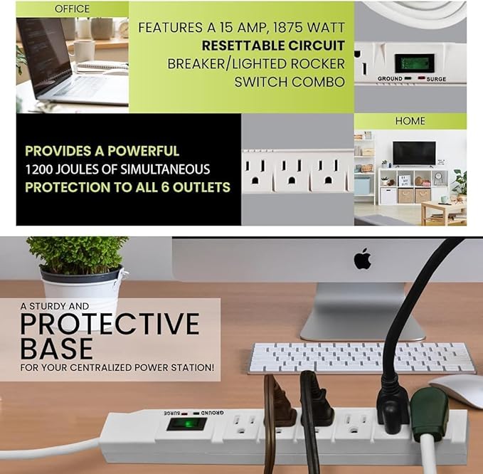 GoGreen Power Inc. (G-16315-15-2) 6 Outlet Surge Protector, 15FT Cord, White, 2 Pack