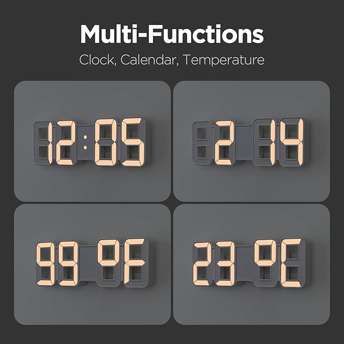 mooas 3D Pure mini White Gold LED Clock, Multi-Function LED Clock (Calendar, Alarm, Temperature) (8.5" White Gold Table Alarm Clock)