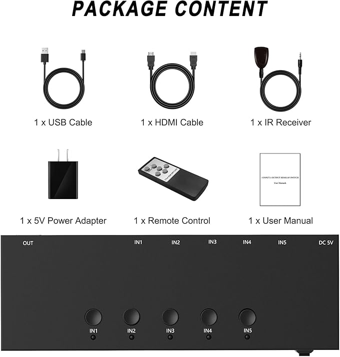 5-in-1 HDMI Converter with 4k@60Hz HDMI Switch & Infrared Remote Control - Ideal for Nintendo Switch/OLED/Xbox PS5/4/3 Blu-Ray Player Fire TV Stick Roku Apple TV Chromecast PC