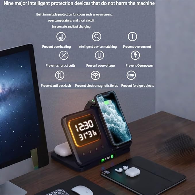 AYI 5in1 Multi Functional Wireless Charging Station with Digital Clock 15W Fast Charge Night Light Temperature Humidity Monitor Wireless Charger for All Qi Phone TWS Headphone and Apple Watch-Black