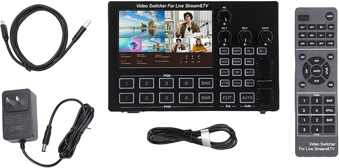 Yunseity 1080P Video Switcher, 5 Inch Screen 4 Channel HD Multimedia Interface Live Stream Switcher with Real Time Multi View and PTZ Control, for Multi Camera Streaming Online (US Plug)