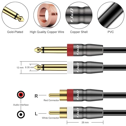 J&D Dual 1/4 inch TS to Dual RCA Cable, Heavy Duty 1/4 Male to RCA Male Adapter Stereo Audio Interconnect Quarter inch Cable, 25 Feet