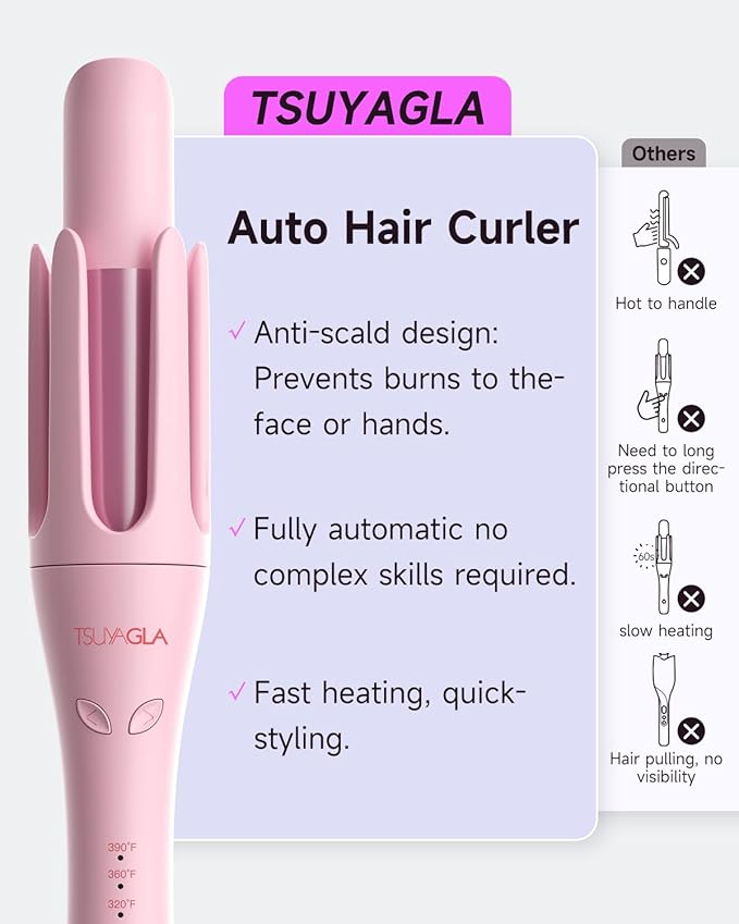 TSUYAGLA Automatic Curling Iron,1 1/4 Hair Curler with 3 Temperatures, 10S Fast Heating, 2-Way Rotation, 30 Min Auto Shut-Off, 500 Million Ionic, Anti-Scald-Tangle for Long Hair