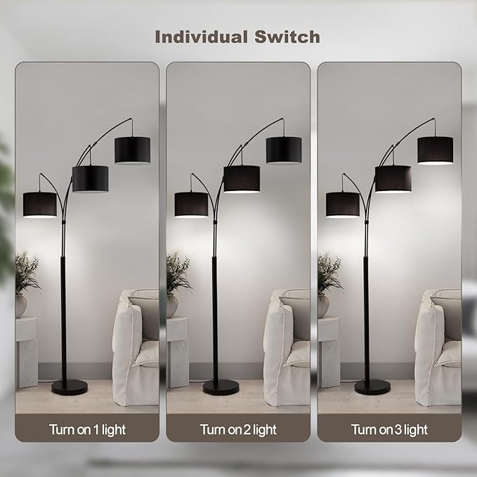 Fansdrick Floor lamp with Remote, 3 Light Arc Floor Lamps for Living Room, 2400LM Tall Standing Floor Lamps with Black Shades, 80" Large Floor Lamp for Bedroom, Office