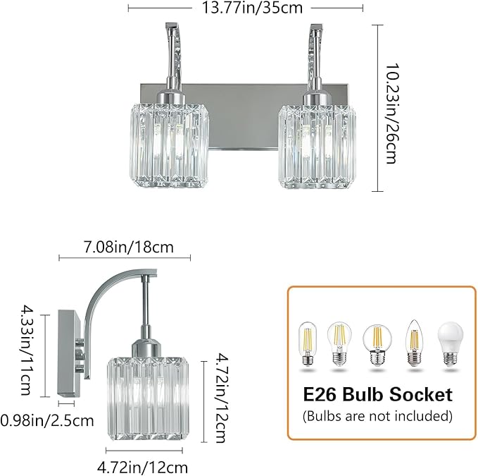 FDPBY Crystal Vanity Lights 2-Light Chrome Wall Lamp Modern Crystal Bathroom Light Fixtures Over Mirror 13.77" Long Bathroom Wall Sconce