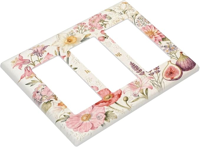 Bvtewkhz Floral Plant Watercolor Flowers 3 Gang Triple Rocker Decorative Outlet Covers Light Switch Plate Electrical Receptacle Switchplate For Bathroom Kitchen Bedroom