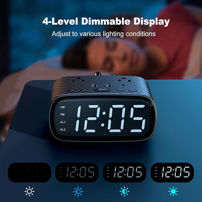 Sussex Alarm Clock with 2 USB-C, 2 USB-A Chargers Power Strip 2 Outlets - Screen LED Dimmable Digital Clock with Snooze Function - Dual Alarm for Bedside Nightstand