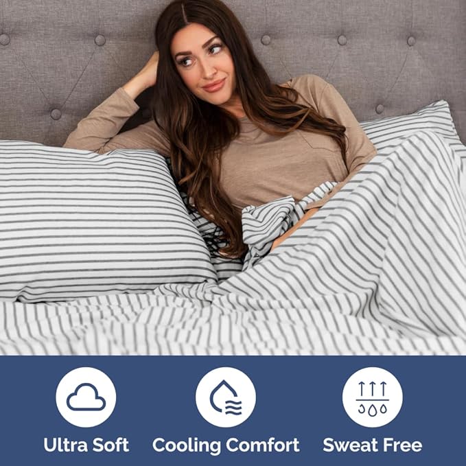 RV Short Queen Sheet Set 60 X 75 - 4 Piece RV Short Queen Bed Sheets - Soft, Breathable & Cooling - Designed for Bunks, Trailers & Campers - Fits 8” to 12" Mattress - Luxury Bedding - Grey Stripes 2