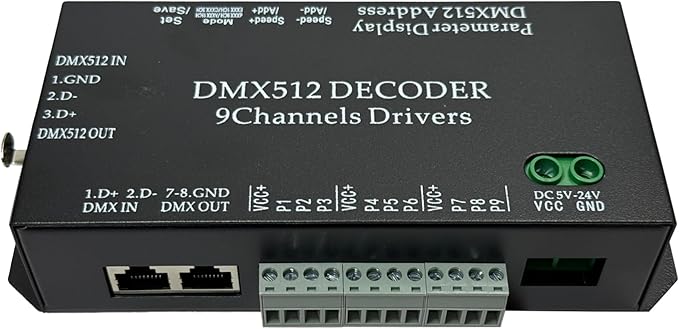 CANRIA 9 Channel DMX512 Decoder LED Controller, DC 5V-24V 5A/CH, RGB RGBW LED Lighting Driver, for Stage/Architectural/Event Lights, 4-Digit Display