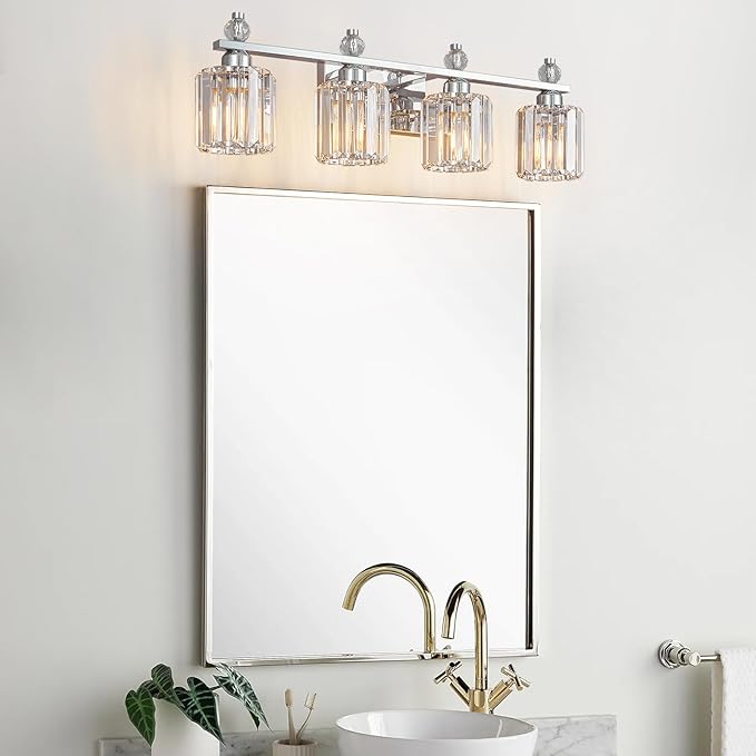 FDPBY Bathroom Vanity Lights 4-Light Chrome Modern Crystal Vanity Light Fixtures Over Mirror Crystal Bathroom Vanity Lighting Fixtures