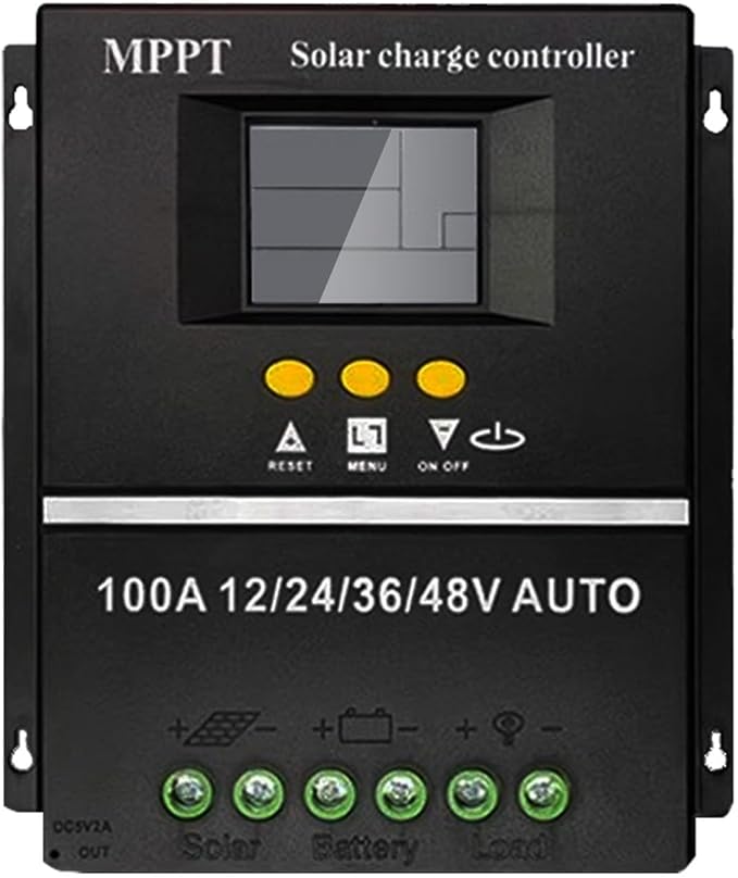 Saooer 100A MPPT Solar Charge Controller, 12/24/36/48V, LCD Display, Dual USB, Black
