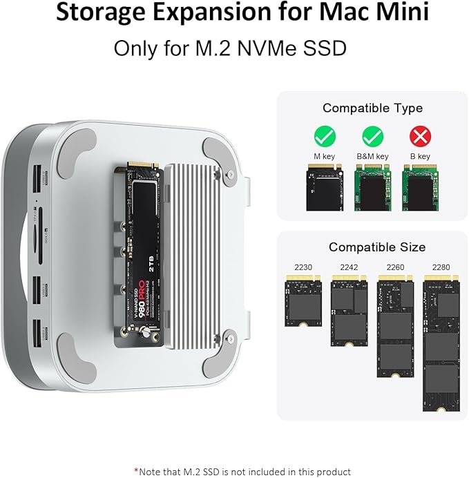 Akyyajaure Mac mini Hub: 9 in 1 Aluminum Stand & Dock for Mac mini M4 Pro with M.2 NVMe SSD Enclosure, 10Gbps USB-A*2, SD/TF Card Readers, USB 2.0