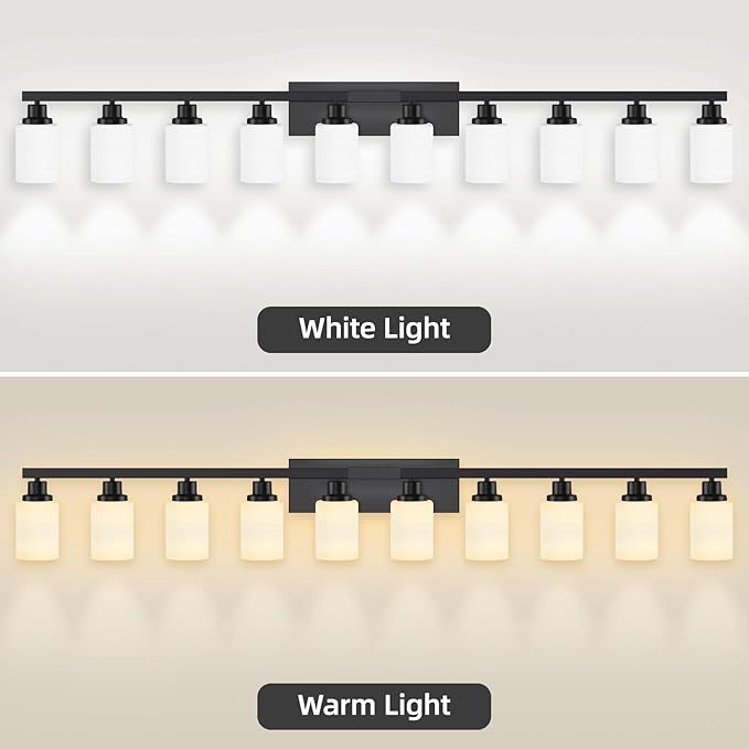 DIKAIDA 10 Light Bathroom Vanity Lights Over Mirror, 65.4 inch Black Vanity Lights Fixtures with White Glass Shades Matte Black Modern Vanity Lights Black Bathroom Wall Lighting for Mirror Bedroom