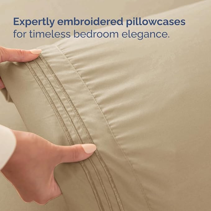 Full XL Bed Sheet Set - 4 Piece Extra Long Extended Full XL Sheets - Soft, Breathable & Cooling - Fits 8" to 16" Mattress with Deep Pockets - 54" x 80" - Easy-Fit, Wrinkle and Fade Resistant - Beige