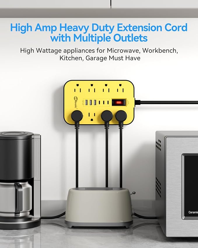 Power Strip with USB, Surge Protector Flat Plug with 8 Widely Spaced Outlets and 6 USB Ports, 14 Gauge Heavy Duty Extension Cord 6 FT, High Wattage for Workbench, Workshop, Kitchen, Garage Must Have